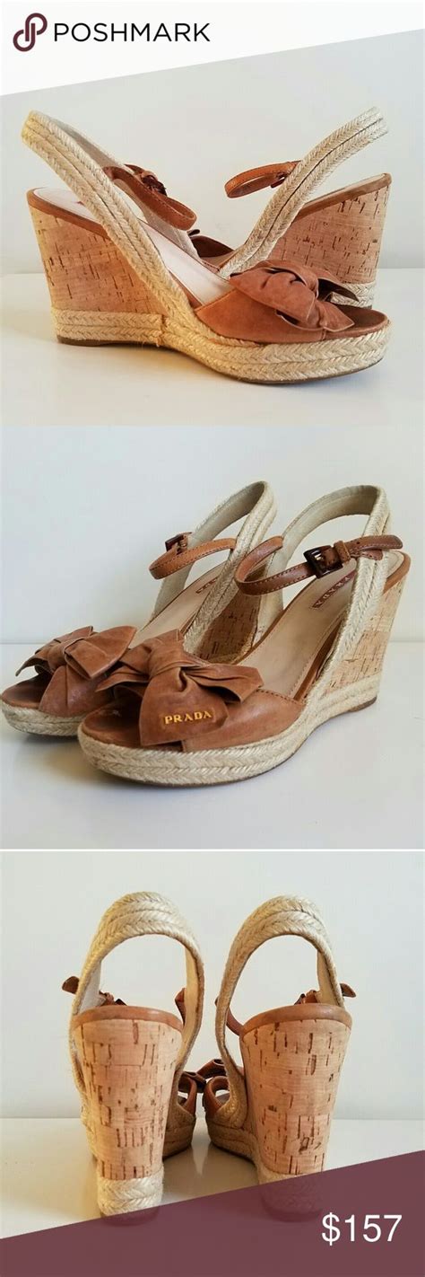 prada leather bow cork wedge sandals|Prada leather platform wedge.